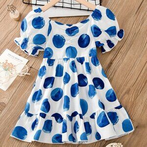 SHEIN Polka Dot Puff Sleeve Ruched Ruffle Hem Dress 5/6